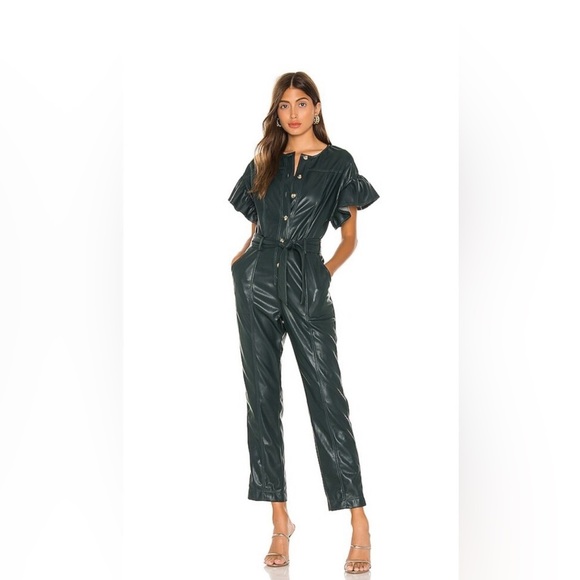 SAYLOR •Rare• Meredith Emerald Green Faux Leather Belted Jumpsuit Size Small